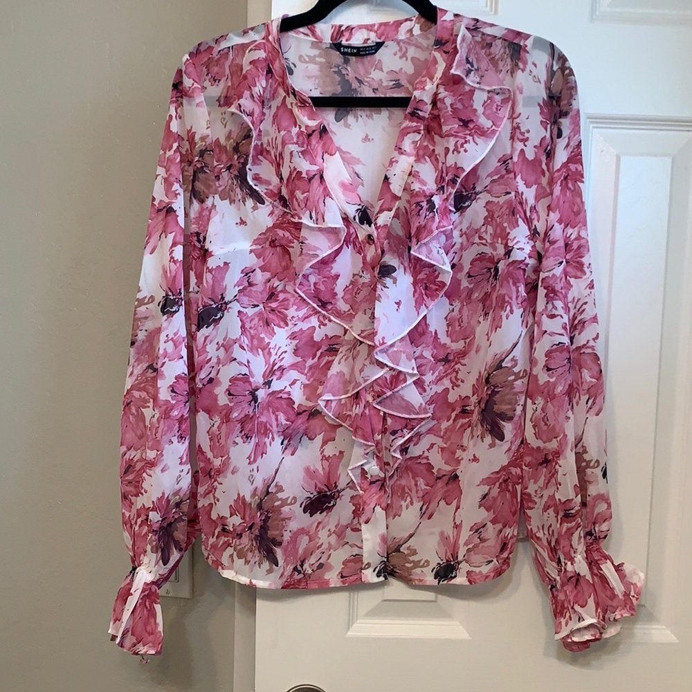 Pink floral button down blouse
